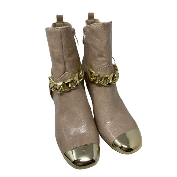 Nude Ankle Boots with Metallic Toe & Gold Chain Accents Size 8 - Picture 2 of 6